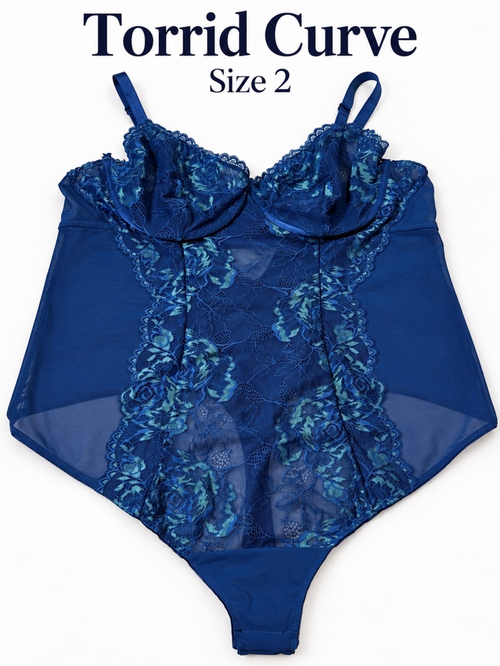 Torrid Curve Blue Floral Lace Mesh Bodysuit Size 2 floral romantic feminine